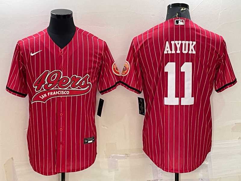 Mens San Francisco 49ers #11 Brandon Aiyuk Red Pinstripe With Patch Cool Base Stitched Baseball Jersey